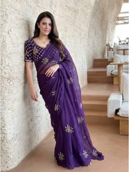Kalista Fashion - Purple Floral Zari Beads and Stones Embellished Sequinned Satin Saree