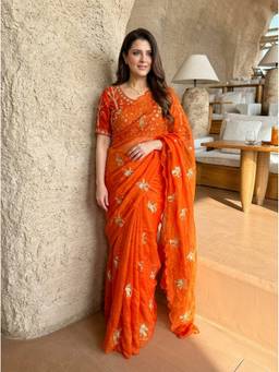 Kalista Fashion - Orange Embroidered Embellished Beads and Stones Satin Saree