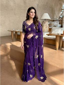 Kalista Fashion - Purple Embroidered Embellished Beads and Stones Satin Saree