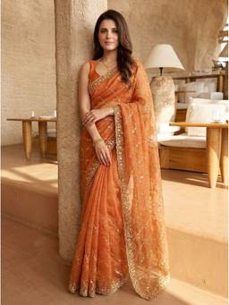 Kalista Fashion - Orange Embroidered Embellished Sequinned Satin Saree