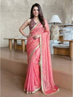 Kalista Fashion - Peach Embellished Embroidered Sequinned Satin Saree