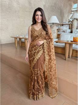 Kalista Fashion - Gold Embroidered Embellished Sequinned Net Saree