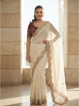 Kalista Fashion - Off White Embroidered Embellished Sequinned Satin Saree