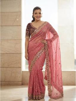 Kalista Fashion - Pink Floral Zari Beads and Stones Embroidered Embellished Satin Saree