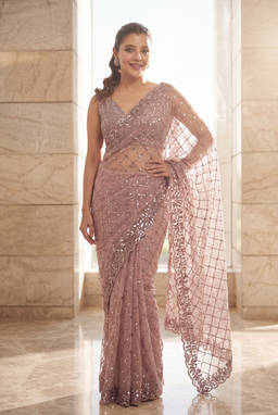 Kalista Fashion - Pink Embroidered Embellished Sequinned Net Saree