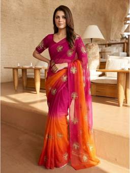 Kalista Fashion - Multi-Color Embroidered Embellished Sequinned Satin Saree