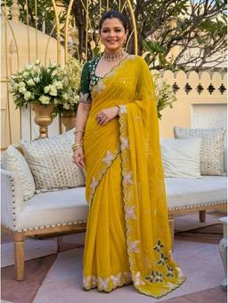 Kalista Fashion - Mustard Embroidered Embellished Sequinned Georgette Saree
