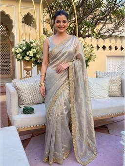 Kalista Fashion - Grey Embellished Beads Sequinned Satin Saree