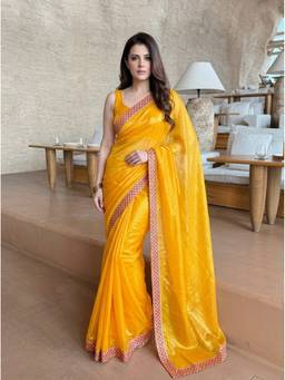 Kalista Fashion - Yellow Embellished Sequinned Satin Saree
