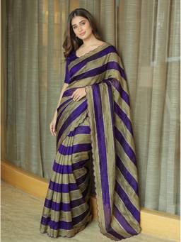 Kalista Fashion - Purple Embellished Beads and Stones Striped Satin Saree