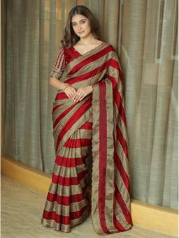 Kalista Fashion - Red Embellished Beads and Stones Striped Satin Saree