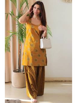 Kedar Fab - Women'S Cotton Blend Floral Mustard Kurta with Salwar