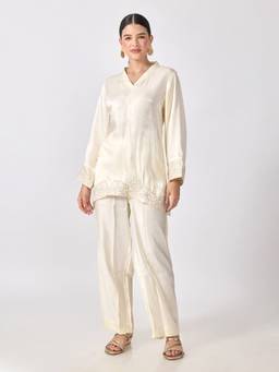 SHOWOFFFF - Women'S Satin Solid Off White Tunic with Pant