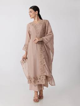 SHOWOFFFF - Women'S Silk Floral Beige Kurta with Palazzo and Dupatta