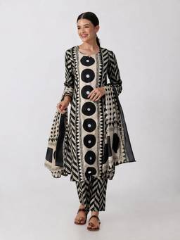 SHOWOFFFF - Women'S Cotton Geometric Black Kurta with Pant and Dupatta