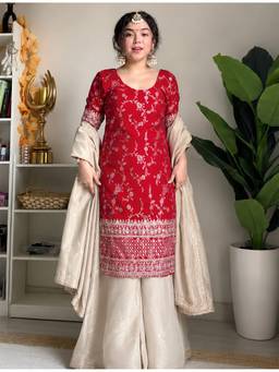 Kedar Fab - Women'S Chanderi Silk Woven Red Kurta with Sharara and Dupatta