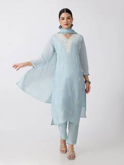 SHOWOFFFF - Women'S Cotton Embroidered Blue Kurta with Pant and Dupatta