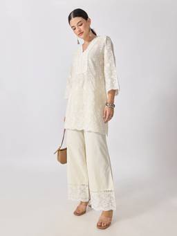 SHOWOFFFF - Women'S Cotton Floral Off White Kurti and Palazzo