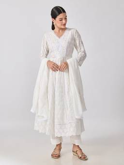 SHOWOFFFF - Women Cotton Floral White Anarkali Kurta with Pant and Dupatta