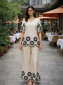 TWINS LADY - Women Cotton Embroidered Cream Tunic and Palazzo