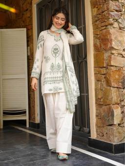 TWINS LADY - Women'S Cotton Printed Off White Kurta with Salwar and Dupatta