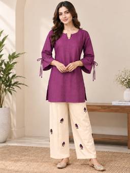 TWINS LADY - Women'S Cotton Solid Wine Kurti and Palazzo