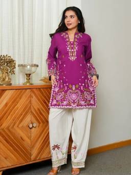 TWINS LADY - Women'S Cotton Embroidered Wine Kurta with Salwar