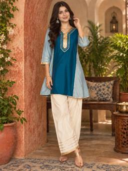 TWINS LADY - Women'S Cotton Silk Colorblock Blue Kurta and Palazzo