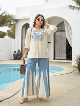 TWINS LADY - Women'S Viscose Embroidered White Tunic and Palazzo