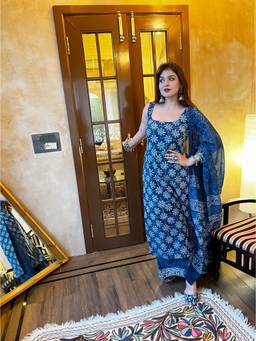 TWINS LADY - Women'S Rayon Floral Blue Anarkali with Pant and Dupatta