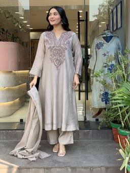TWINS LADY - Women'S Rayon Embroidered Grey Anarkali with Pant and Dupatta