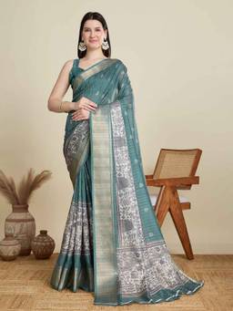 URBAN PALLU - Teal Chanderi Silk Blend Woven Saree