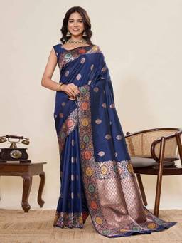 URBAN PALLU - Navy Blue Banarasi Silk Blend Woven Design Saree