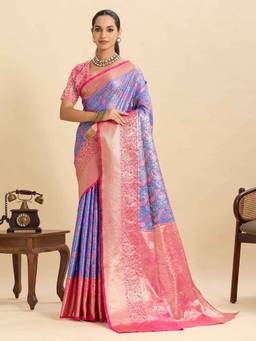 URBAN PALLU - Blue Kanjeevaram Silk Blend Woven Saree