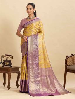 URBAN PALLU - Gold Kanjeevaram Silk Blend Woven Saree