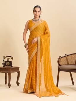 URBAN PALLU - Yellow Na Poly Georgette Striped Poly Chiffon Saree