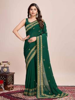 URBAN PALLU - Green Na Poly Georgette Embroidered Poly Chiffon Saree