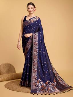 URBAN PALLU - Navy Blue Banarasi Silk Blend Woven Design Saree