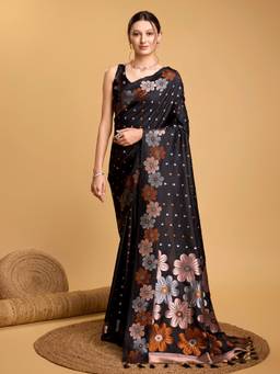 URBAN PALLU - Black Banarasi Silk Blend Woven Design Saree