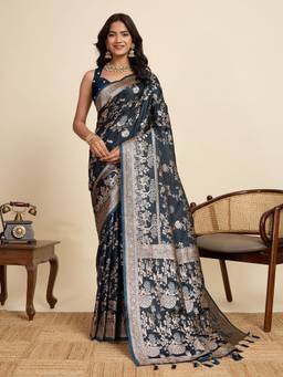 URBAN PALLU - Navy Blue Banarasi Silk Blend Woven Design Saree