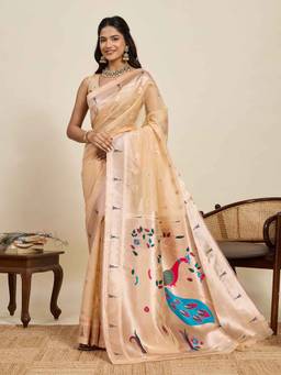 URBAN PALLU - Beige Paithani Silk Blend Woven Design Saree