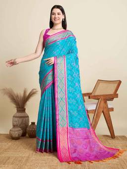 URBAN PALLU - Teal Patola Silk Blend Woven Design Saree