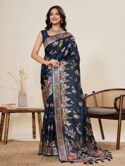 URBAN PALLU - Navy Blue Banarasi Silk Blend Woven Design Saree