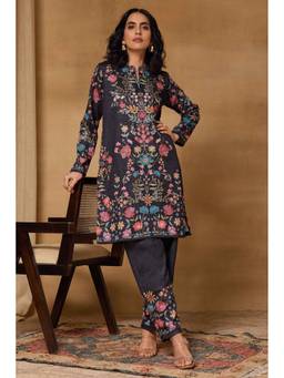 Rangriti - Women'S Polyester Printed Black Kurta with Pant