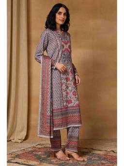 Rangriti - Women'S Polyester Printed Grey Kurta with Pant and Dupatta