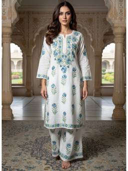 Khaka-The Chikankari Heritage - Women Cotton Chikankari Embroidered White Kurta with Pant