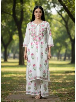 Khaka-The Chikankari Heritage - Women White Cotton Chikankari Embroidered Kurta with Pant