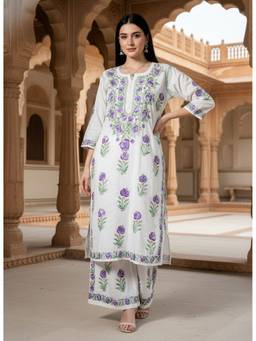 Khaka-The Chikankari Heritage - Women'S Cotton White Chikankari Embroidered Kurta with Pant