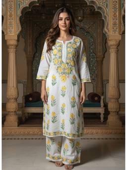 Khaka-The Chikankari Heritage - Women'S White Cotton Chikankari Embroidered Kurta with Pant