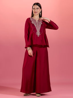 Gajra Gang - Maroon Chinon Embroidered Kurta with Sharara Eastern Souk (Set of 2)